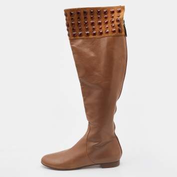 Pre Owned Valentino Brown Leather and Suede Crystal Embellished Knee Length Boots Size 39