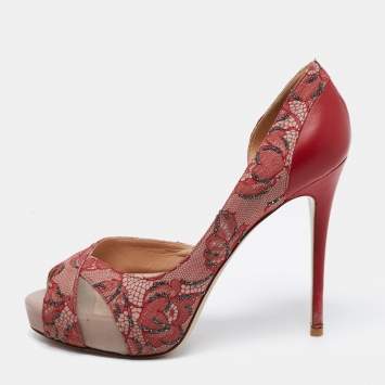 Pre Owned Valentino Two Tone Lace, Mesh and Leather Peep Toe D'orsay Pumps Size 36.5