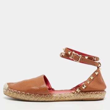 Pre Owned Valentino Brown Leather Rockstud Ankle Strap Espadrille Flats Size 37