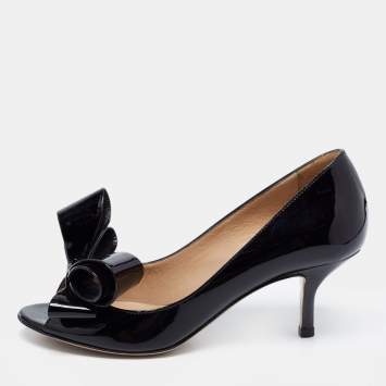 Pre Owned Valentino Black Patent Leather Bow Open Toe Pumps Size 35