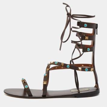 Pre Owned Valentino Brown Leather Rockstud Ankle Wrap Flats Size 37.5
