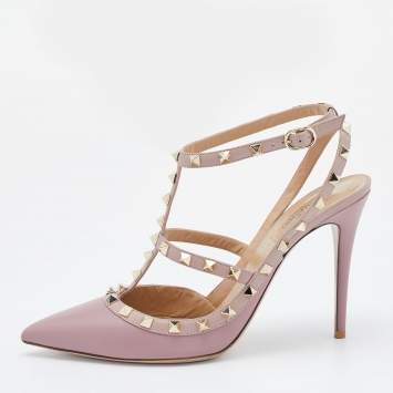 Pre Owned Valentino Pink Leather Rockstud Ankle Strap Pumps Size 41.5