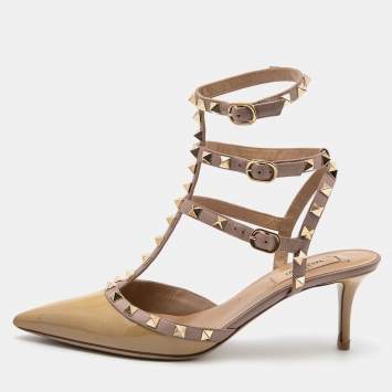 Pre Owned Valentino Yellow/Beige Patent and Leather Rockstud Ankle Strap Pumps Size 39.5 