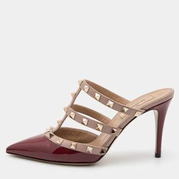 Pre Owned Valentino Burgundy/Beige Patent and Leather  Rockstud  Mule Sandals Size 36
