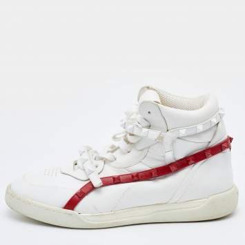 Pre Owned Valentino White Leather Rockstud Amor High Top Sneakers Size 39.5