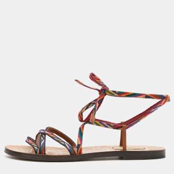 Pre Owned Valentino Multicolor Fabric Ankle Wrap Flat Sandals Size 36.5