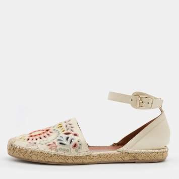 Pre Owned Valentino Multicolor Embroidered Leather Ankle Strap Espadrille Flats Size 41