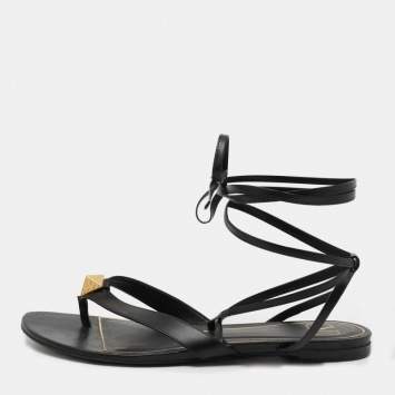 Pre Owned Valentino Black Leather Roman Stud Ankle Wrap Sandals Size 39