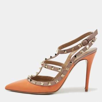 Pre Owned Valentino Orange/Beige Leather Rockstud Ankle Strap Pumps Size 41