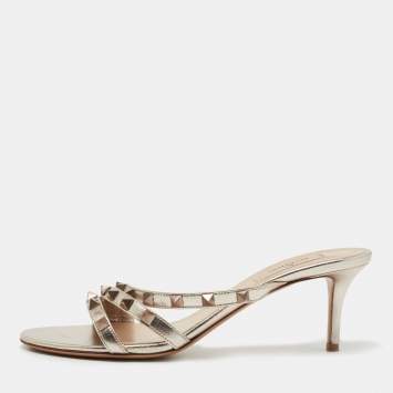 Pre Owned Valentino Metallic Leather Rockstud Slide Sandals Size 38.5
