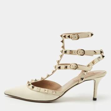 Pre Owned Valentino Cream Lizard Embossed Leather Rockstud Ankle Strap Pumps Size 37