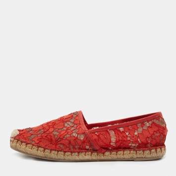 Pre Owned Valentino Red Lace Espadrille Flats Size 40