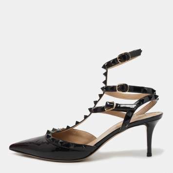 Pre Owned Valentino Black Patent Rockstud Caged Pumps Size 41