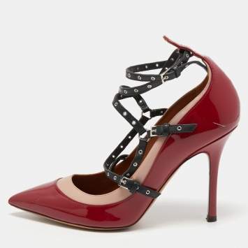 Pre Owned Valentino Tricolor Patent and Leather Love Latch Ankle Wrap Pumps Size 38.5