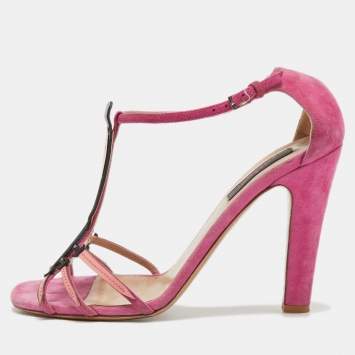 Pre Owned Valentino Pink Suede and Patent Leather Love Blade T-Strap Sandals Size 38