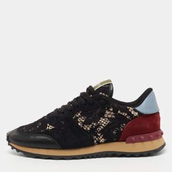 Pre Owned Valentino Tricolor Lace and Leather Rockrunner Sneakers Size 38