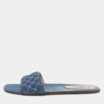Pre Owned Valentino Blue Denim Embellished Flat Slides Size 40 