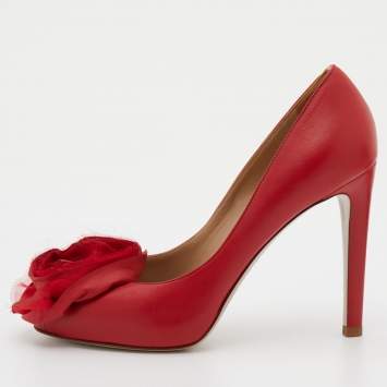 Pre Owned Valentino Red Leather Flower Applique Peep Toe Pumps Size 36
