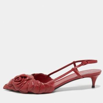 Pre Owned Valentino Red Leather Leather Floral Print Atelier Slingback Pumps Size 39