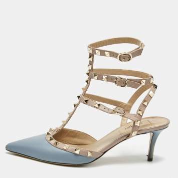 Pre Owned Valentino Blue/Beige Leather Rockstud Ankle Strap Pumps Size 39.5