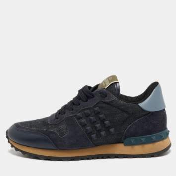 Pre Owned Valentino Navy Blue Leather and Suede Rockrunner Sneakers Size 36.5