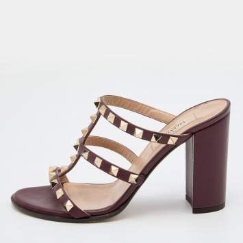 Pre Owned Valentino Burgundy Leather Rockstud Block Heel Slide Sandals Size 36.5