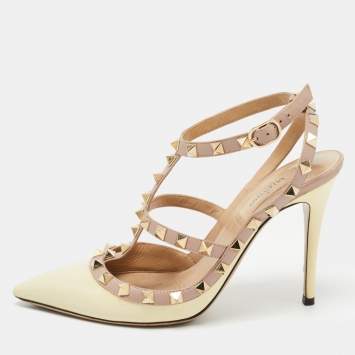 Pre Owned Valentino Cream Patent Leather Rockstud Ankle Strap Pumps Size 37