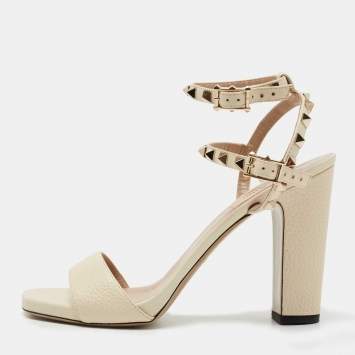 Pre Owned Valentino Cream Leather Rockstud Ankle Strap Sandals Size 40
