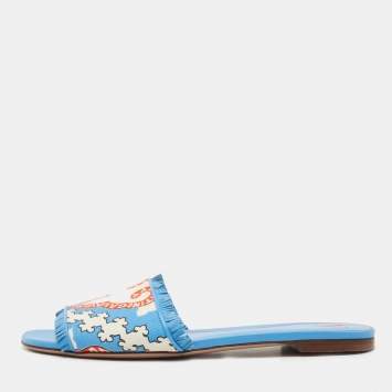 Pre Owned Valentino Blue/White Printed Canvas and Leather Trim Flat Slides Size 39.5