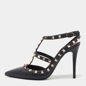 Pre Owned Valentino Navy Blue Leather Rockstud Ankle Strap Pumps Size 39.5