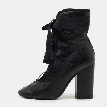 Pre Owned Valentino Black Texture Leather Lace Up Ankle Boots Size 37