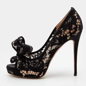 Pre Owned Valentino Black Lace Couture Bow Open Toe Platform Pumps Size 37