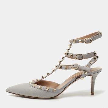Pre Owned Valentino Grey Leather Rockstud Ankle Strap Pumps Size 38.5