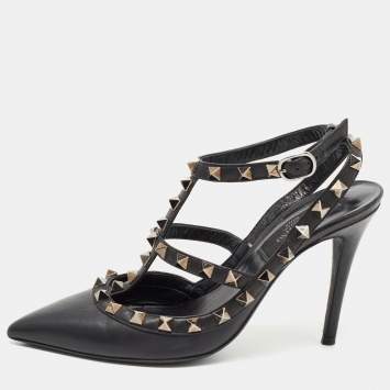 Pre Owned Valentino Black Leather Rockstud Ankle Strap Pumps Size 35.5