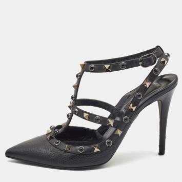 Pre Owned Valentino Black Leather Rolling Rockstud Ankle Strap Pumps Size 38