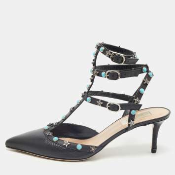Pre Owned Valentino Black Leather Rockstud  Ankle Strap Pumps Size 40