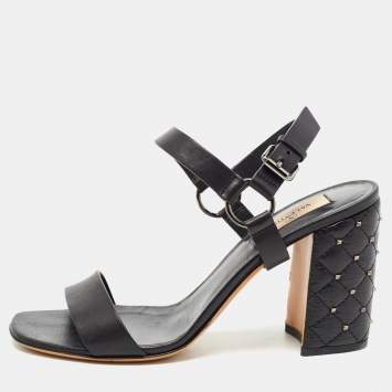 مملوكة مسبقًا Valentino Black Leather Studded Heel Ankle Strap Sandals Size 37