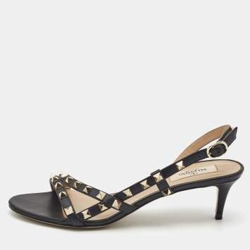 Pre Owned Valentino Black Leather Rockstud Ankle Strap Sandals Size 39