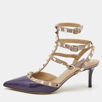 Pre Owned Valentino Purple/Beige Leather Rockstud Pumps Size 36
