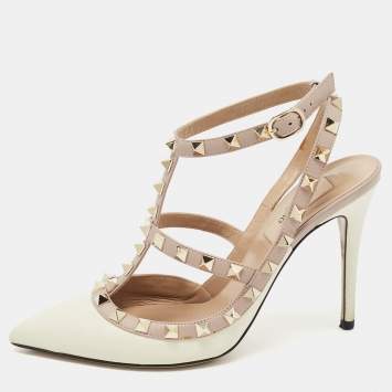 Pre Owned Valentino Off White/Dusty Pink Leather Rockstud Ankle Strap Pumps Size 37