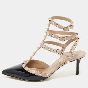 Pre Owned Valentino Black/Beige Patent and Leather Rockstud Pumps Size 36.5