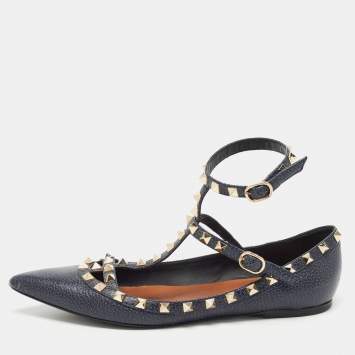 Pre Owned Valentino Navy Blue Leather Rockstud Ballet Flats Size 39.5