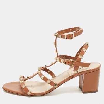 Pre Owned Valentino Tan Leather Rockstud Ankle Strap Sandals Size 40
