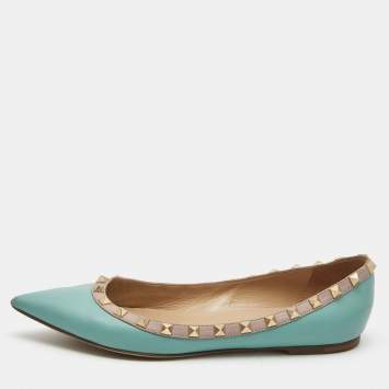 Pre Owned Valentino Blue/Beige Leather Rockstud Ballet Flats Size 38.5