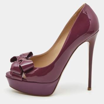 Pre Owned Valentino Purple Patent Leather Bow Peep Toe Platform Pumps Size 39