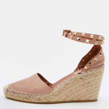 Pre Owned Valentino Blush Pink Leather Rockstud Ankle Strap Wedge Espadrille Sandals Size 39