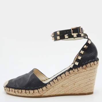 Pre Owned Valentino Black Leather Rockstud Ankle Strap Wedge Espadrille Sandals Size 39