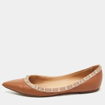 Pre Owned Valentino Brown Leather Rockstud Ballet Flats Size 38