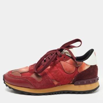 Pre Owned Valentino Red/Burgundy Leather and Suede Rockrunner Sneakers Size 37.5