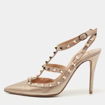 Pre Owned Valentino Metallic Bronze/Beige Leather Rockstud Pumps Size 38.5
